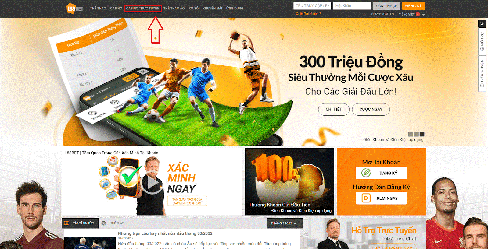 Nhấn chọn mục Casino trực tuyến trên thanh danh mục của 188bet Cách chơi bài Teen Patti online tại nhà cái 188bet