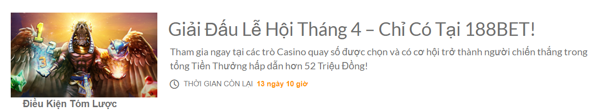 Giải đấu lễ hội tháng 4, chỉ có tại 188bet Siêu KM - Giải đấu lễ hội tháng 4 chỉ có tại 188bet