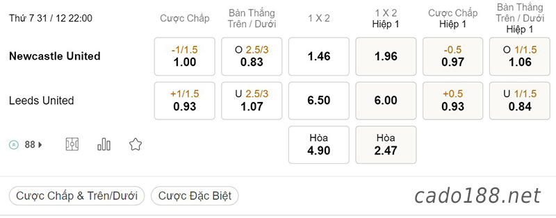 Tỷ Lệ Kèo Nhà Cái 188BET trận Newcastle vs Leeds United, Ngoại hạng Anh, ngày 31/12