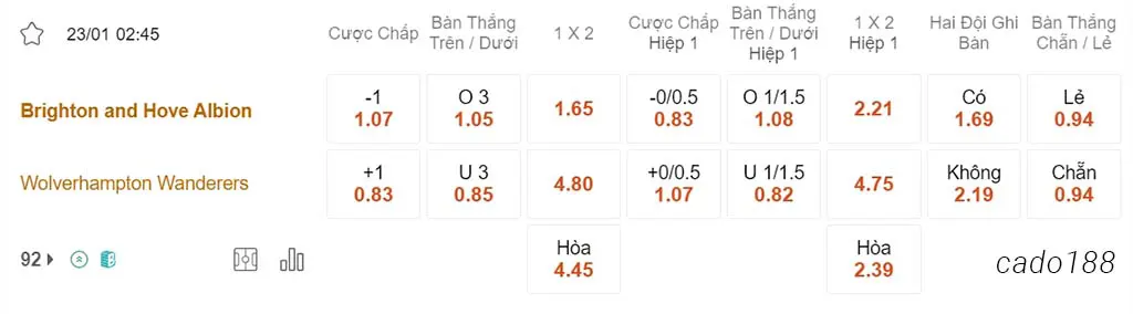 Brighton vs Wolves, 02h45, Ngoại hạng Anh