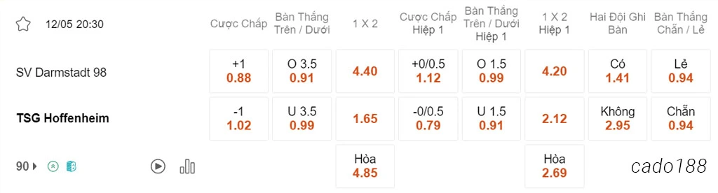 Nhận định kèo xiên 12/05 Darmstadt vs Hoffenheim, 20h30, Bundesliga