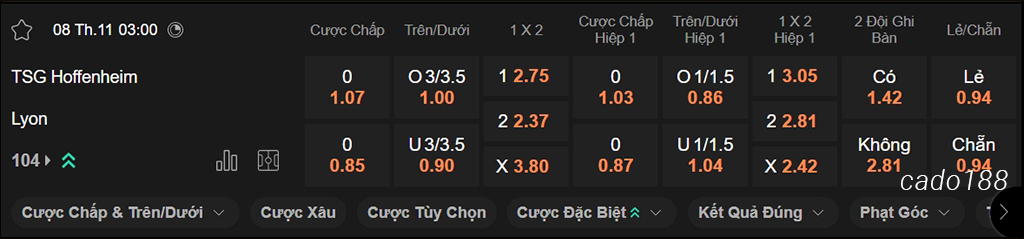 Soi kèo xiên ngày 08/11 Hoffenheim vs Lyon, 03h00, Europa League