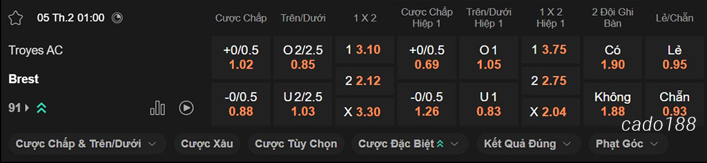 Troyes vs Brest, 01h00, Cúp Quốc Gia Pháp