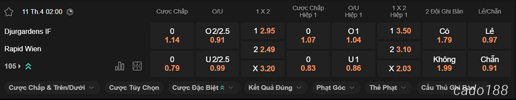Nhận định kèo xiên 11/04 Djurgardens vs Rapid Wiens, 02h00, Conference League