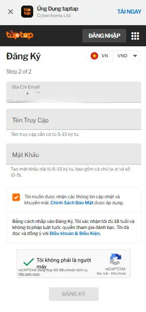 tạo tài khoản taptap bước 2