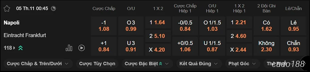 Napoli vs Frankfurt, 00h45, Champions League